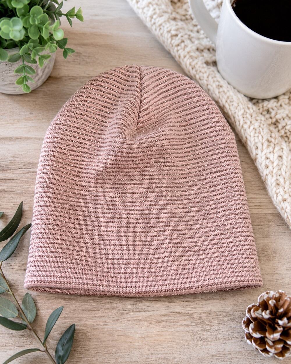 Sole Society Rose Pink Metallic Stripe Knit Beanie Hat | One Size | NWT